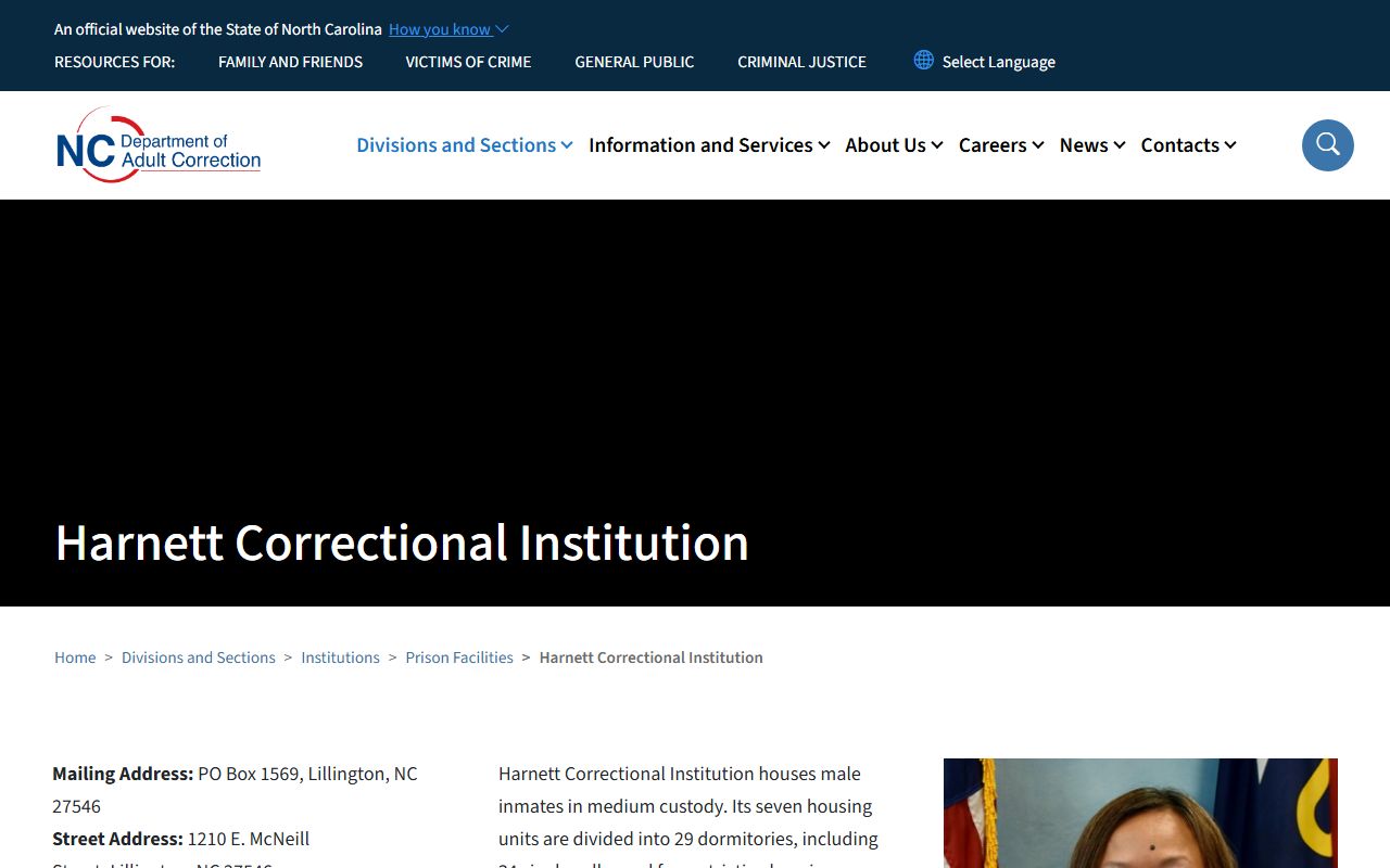 Harnett Correctional Institution NC DAC inmate lookup facility page